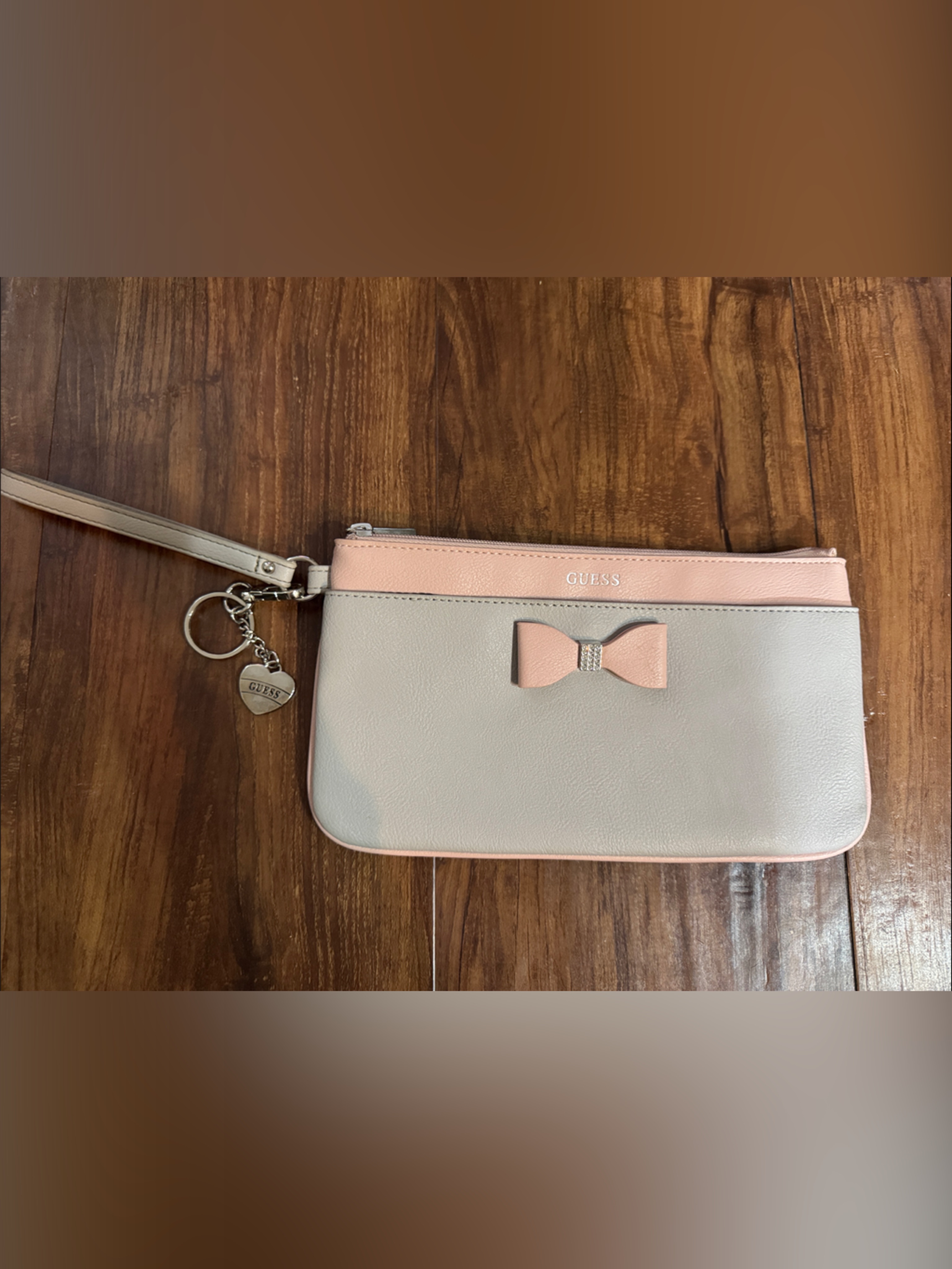 Guess Cream And Pink Bow Accent Wristlet
